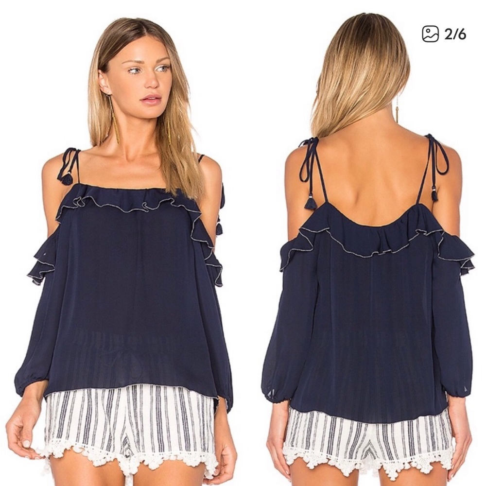 Joie Navy Cold-Shoulder Ruffle Tie-Shoulder Blouse Size L - Picture 1 of 11